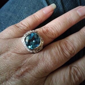 Vintage Blue Topaz and CZ Halo Cocktail Ring Sterling Silver Size 8